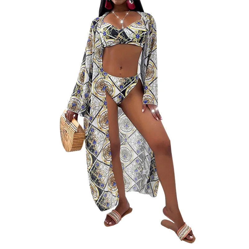 Women's three-piece printed bikini split swimsuit in green with removable pads, polyester fabric, available in S-XL sizes