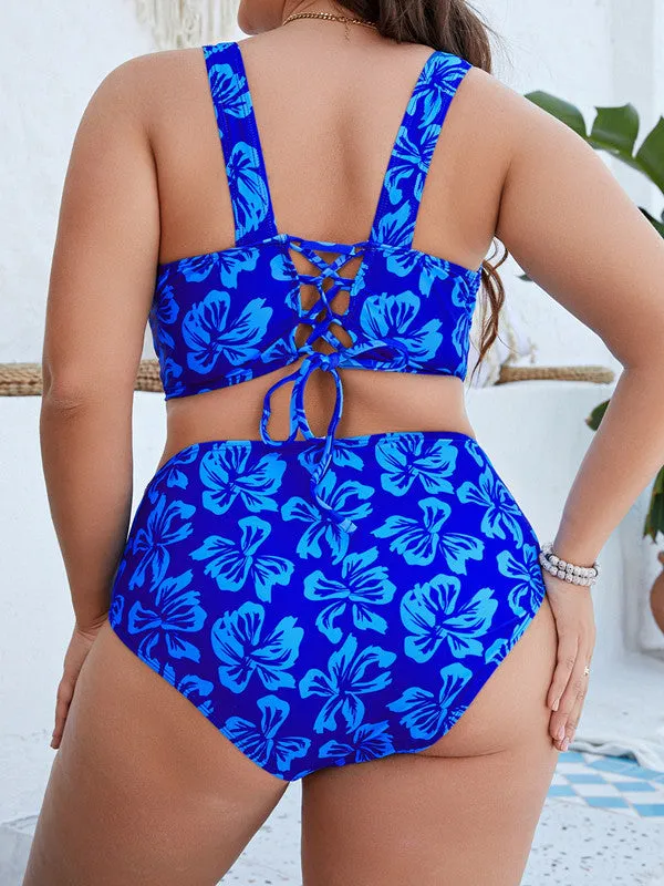 Blue floral pattern women's split bikini swimsuit on mannequin showing front view