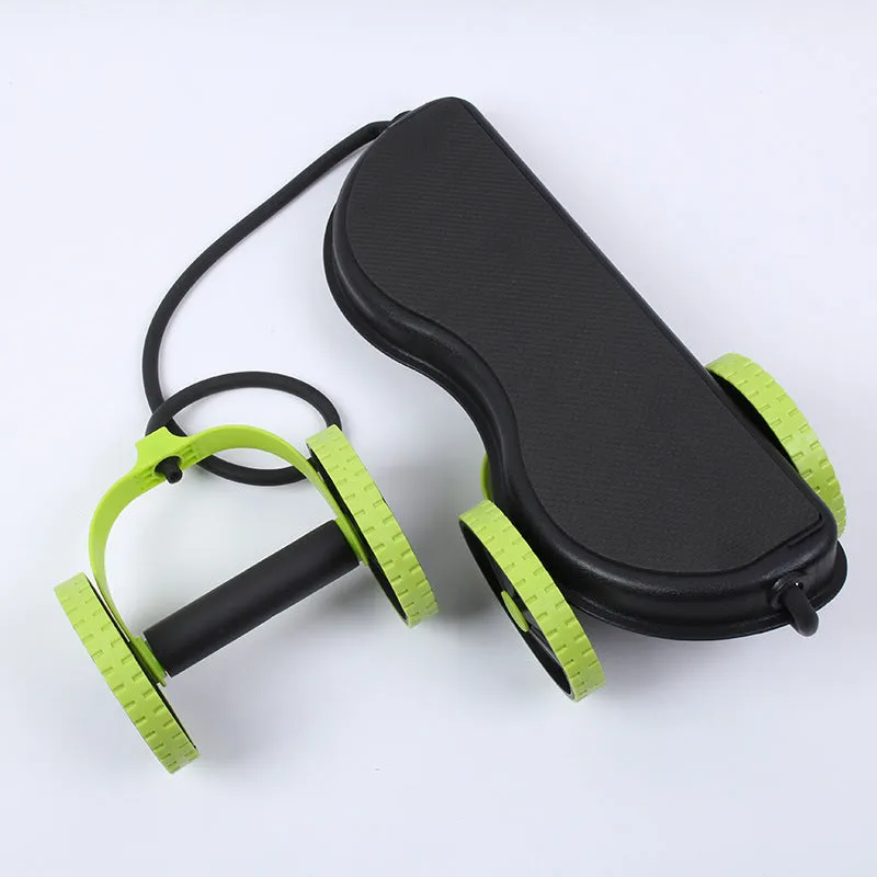 Double-wheeled green abdominal rally wheel with pull rope on floor for core exercises