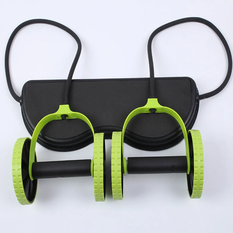Double-wheeled green abdominal rally wheel with pull rope on floor for core exercises