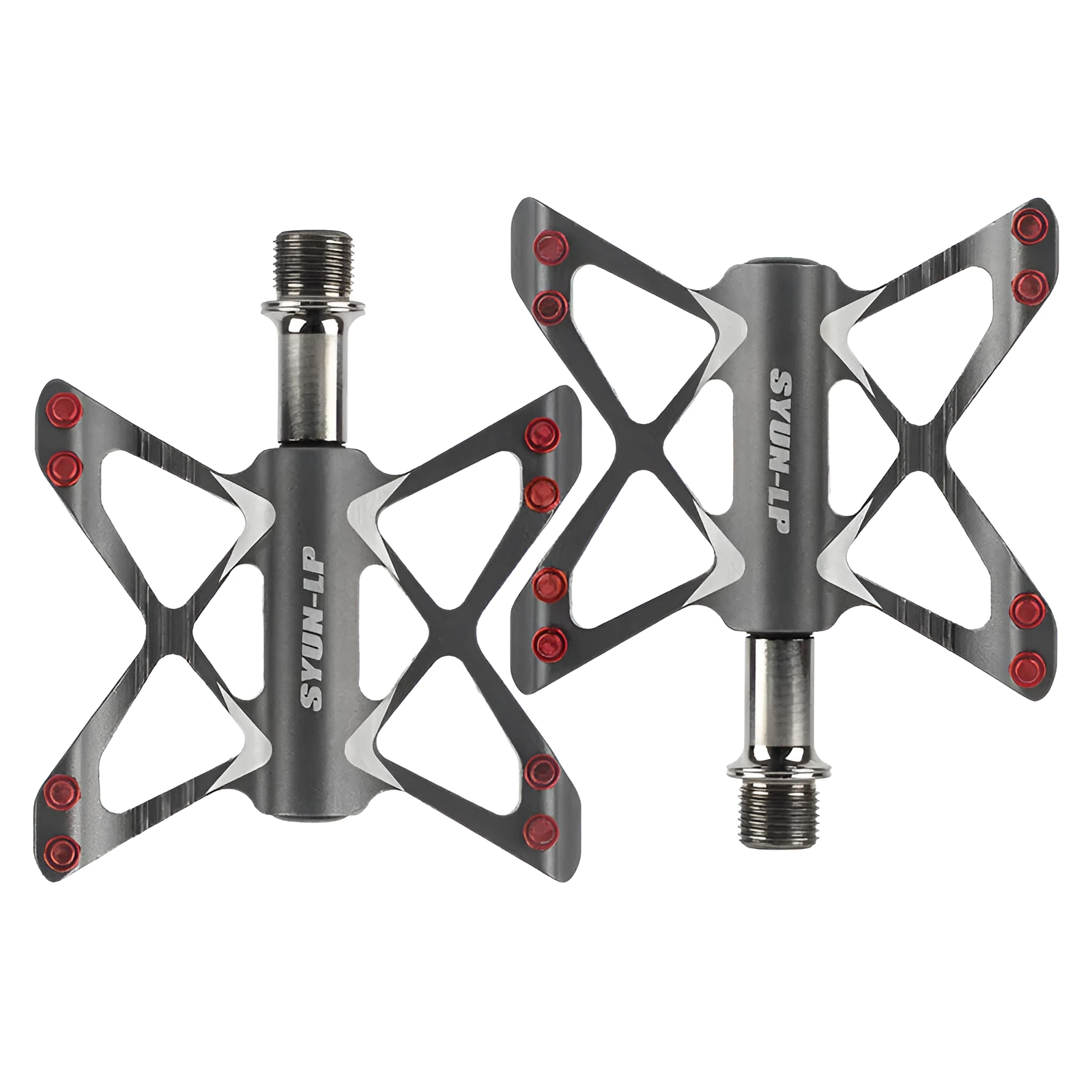 Bicycle pedal with 6061 aluminium alloy body and chrome molybdenum steel core, 9/16 inch thread, red non-slip pins, in dark red colour