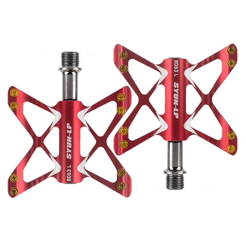 Bicycle pedal with 6061 aluminium alloy body and chrome molybdenum steel core, 9/16 inch thread, red non-slip pins, in dark red colour