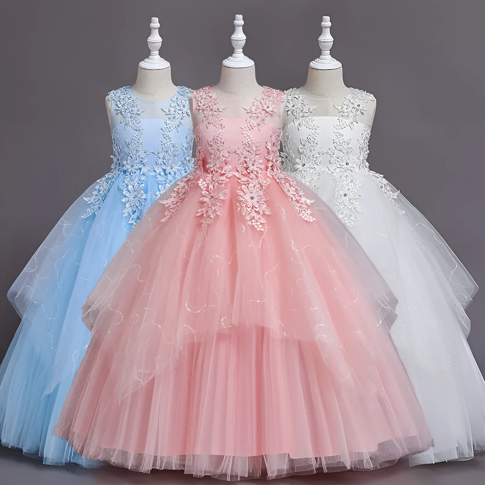 Girls' formal mesh lace dress with cotton lining in blue, front view, size 120cm