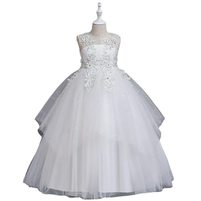 Girls' formal mesh lace dress with cotton lining in blue, front view, size 120cm