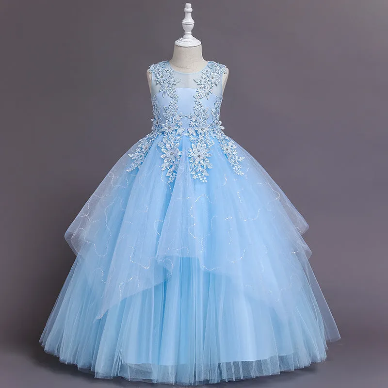 Girls' formal mesh lace dress with cotton lining in blue, front view, size 120cm