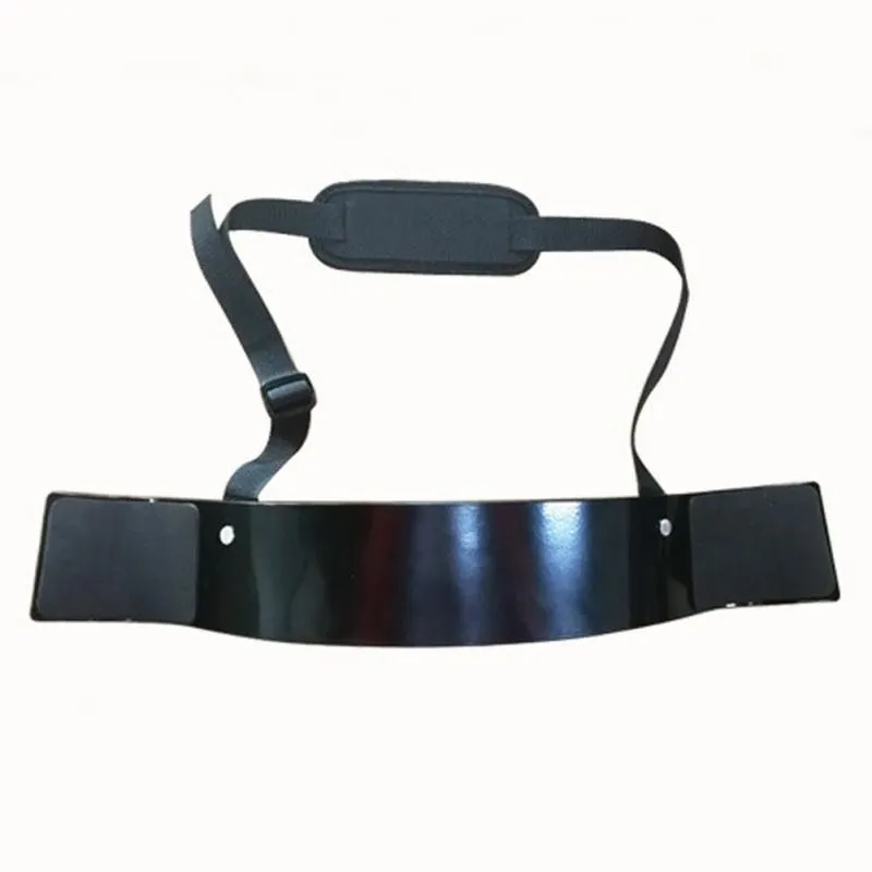 Black aluminium biceps training board with nylon straps and sponge elbow pads on flat surface