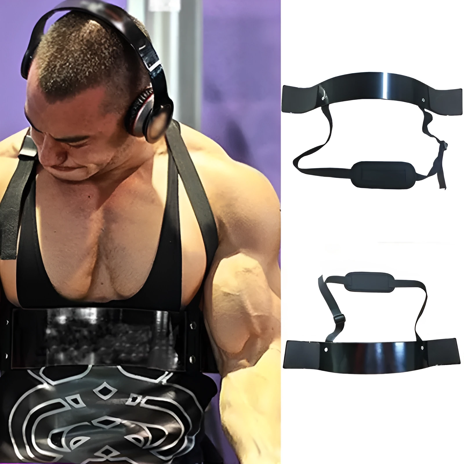 Black aluminium biceps training board with nylon straps and sponge elbow pads on flat surface