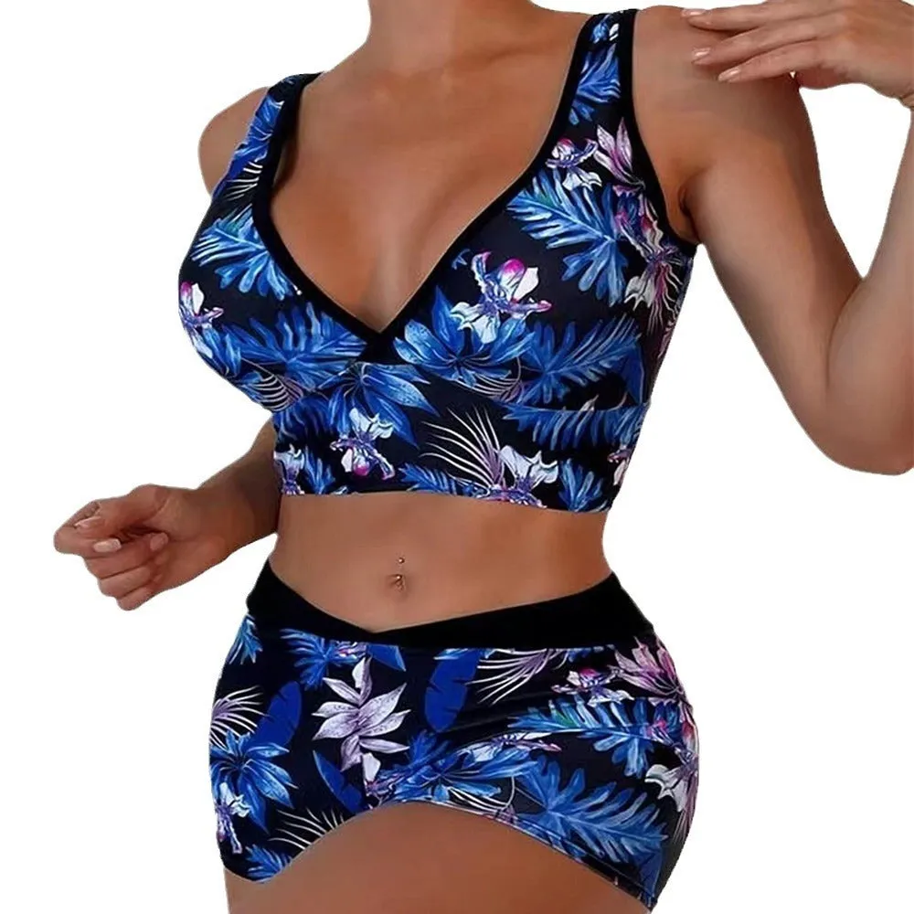 Two-piece female swimsuit set with printed boxer brief bottoms and sleeveless top