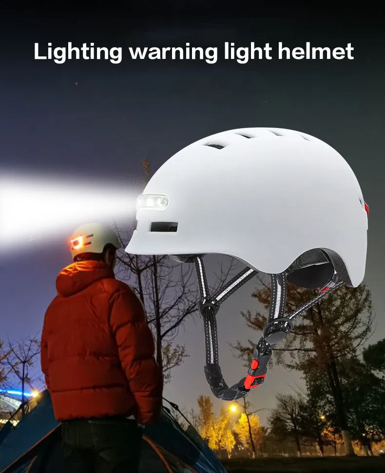 Black electric scooter helmet with front LED headlight and rear taillight, adjustable strap, on white background