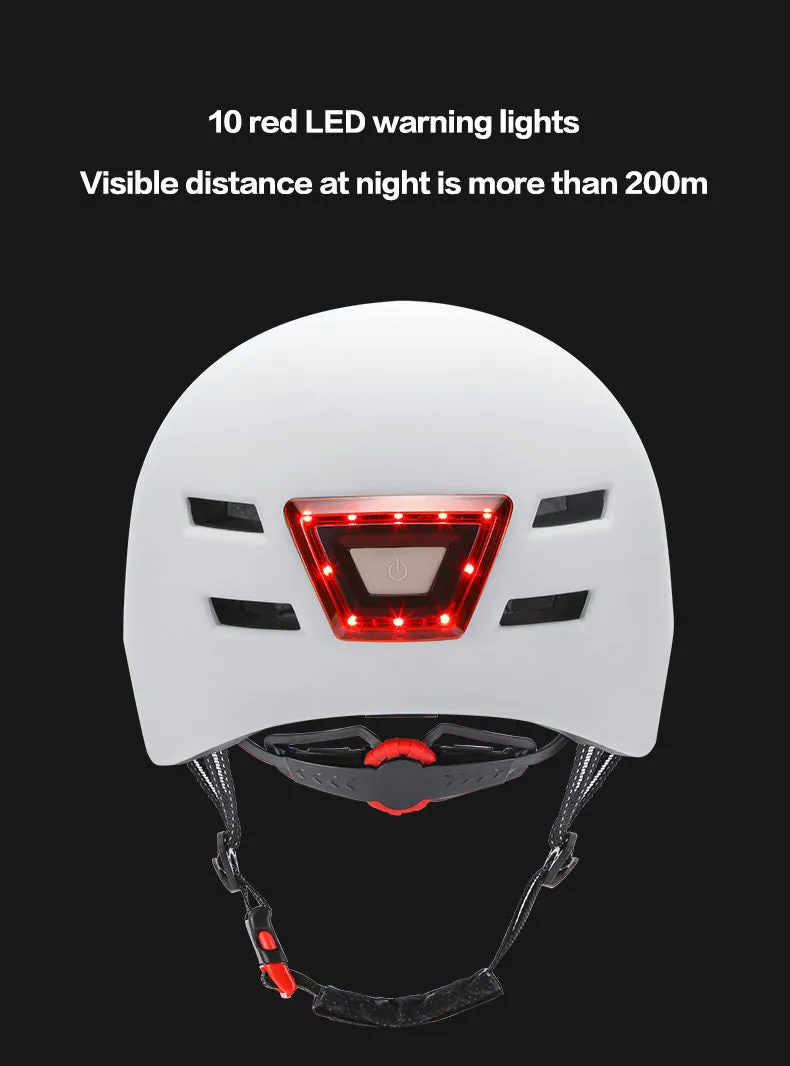 Black electric scooter helmet with front LED headlight and rear taillight, adjustable strap, on white background