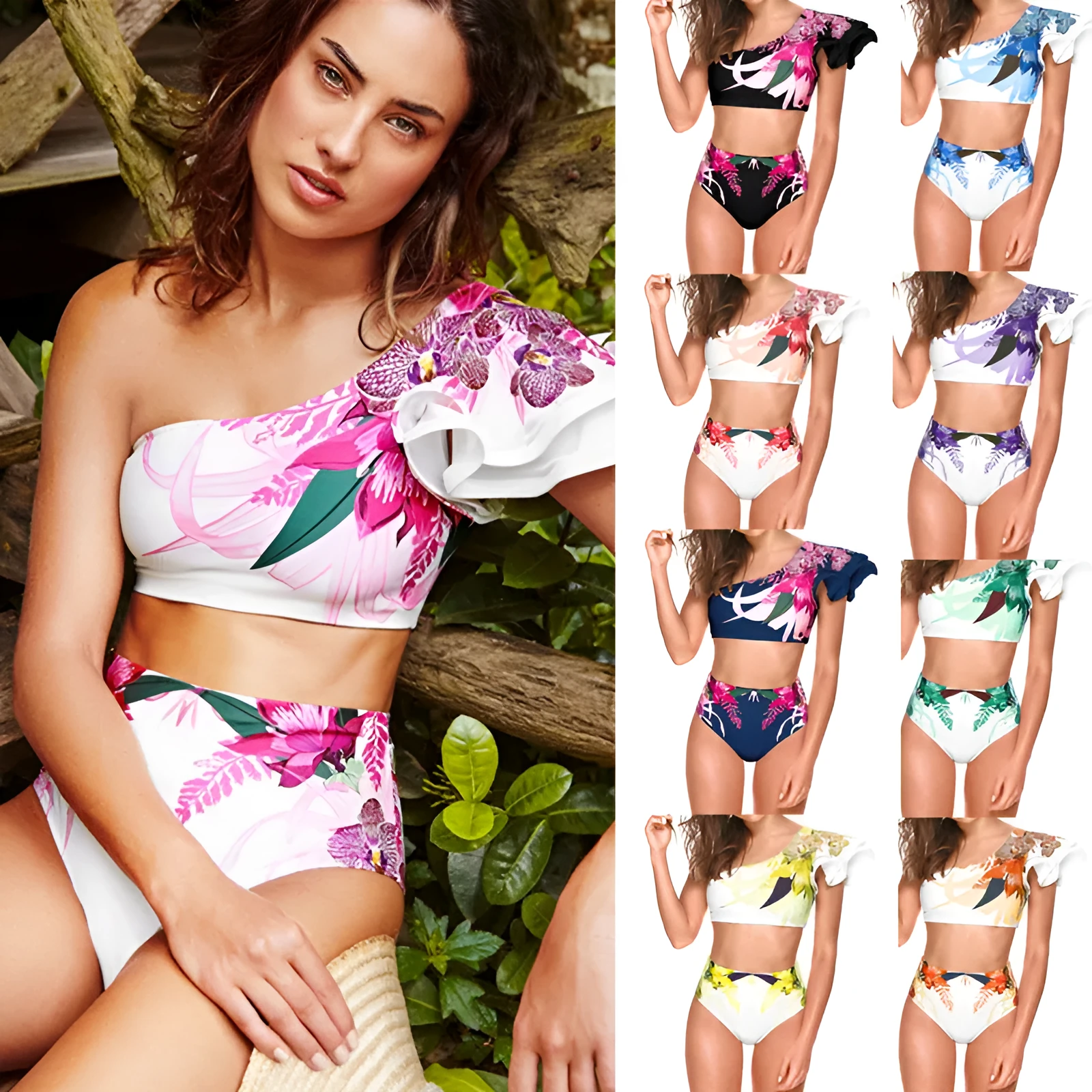 Women's floral high-waist two-piece bikini in polyester with chest pads, available in multiple colours