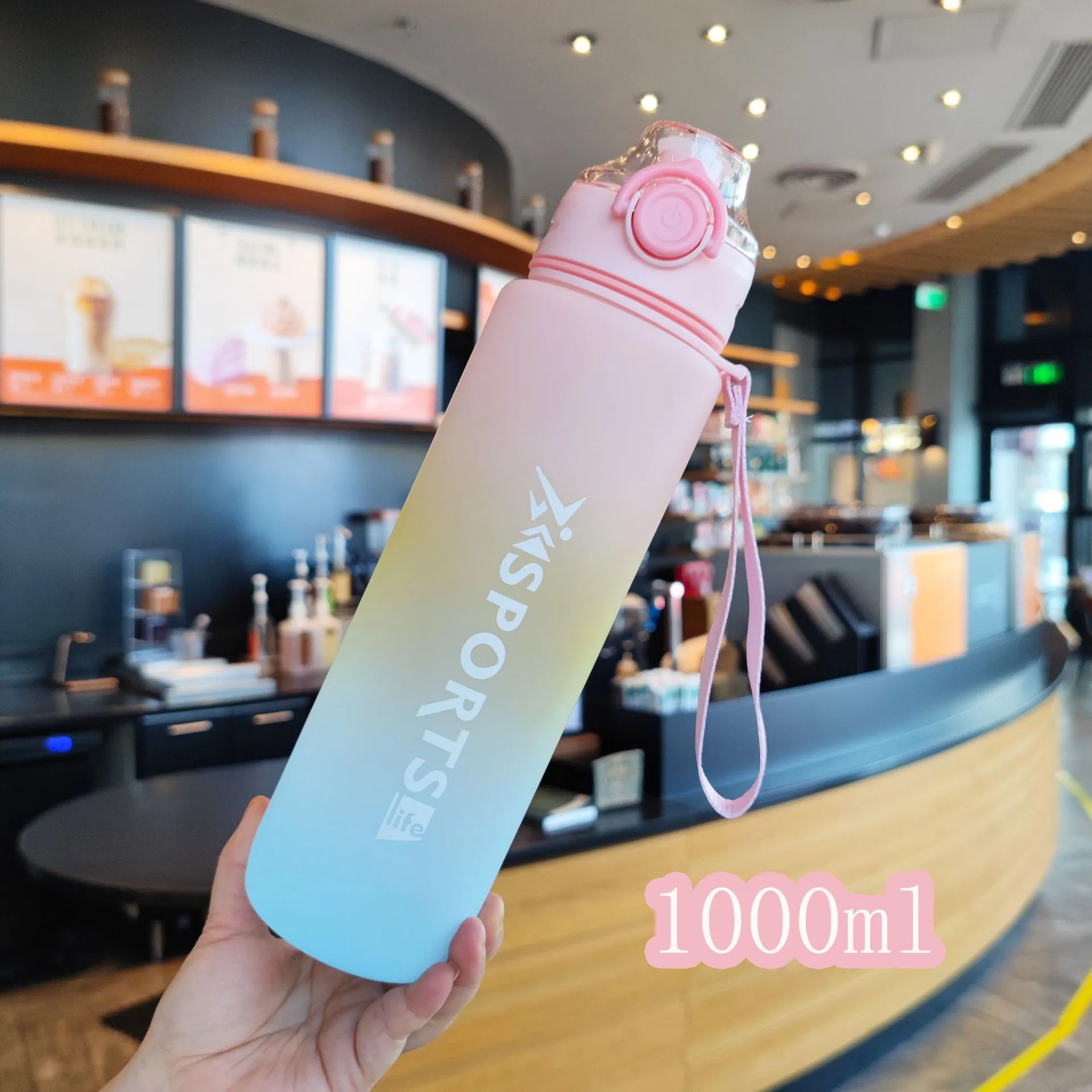 Rainbow gradient plastic sports cup 1L large capacity leak proof blue color direct drink style