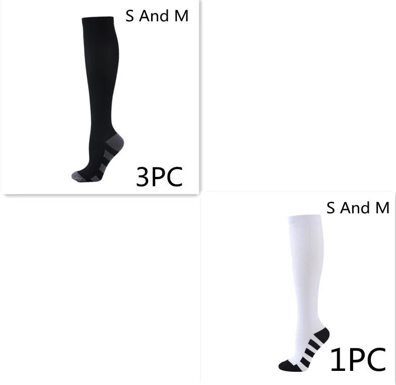 Athletic compression socks in black with three white bars, made from nylon silk with medium thickness for running
