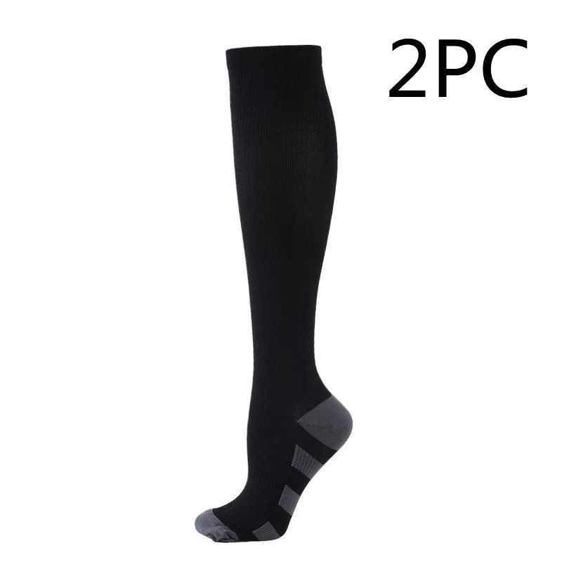 Athletic compression socks in black with three white bars, made from nylon silk with medium thickness for running
