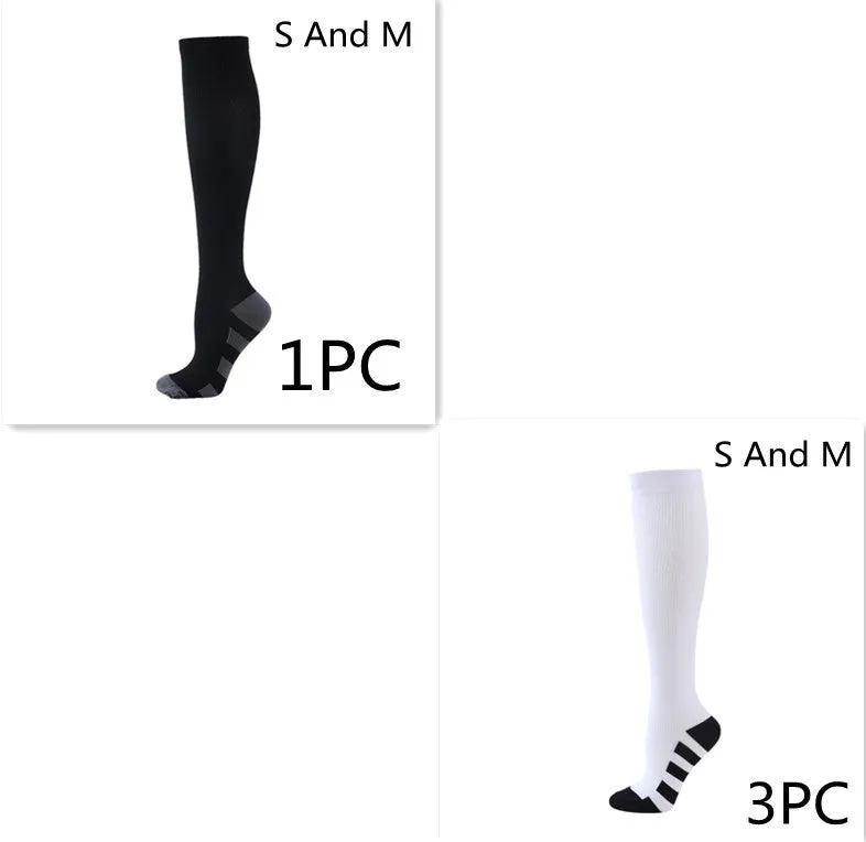 Athletic compression socks in black with three white bars, made from nylon silk with medium thickness for running