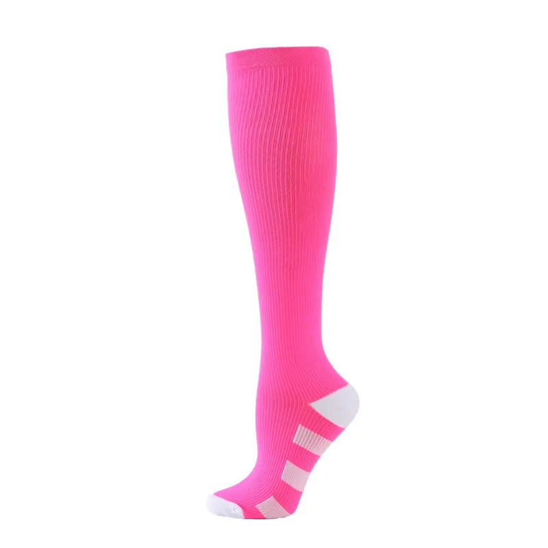 Athletic compression socks in black with three white bars, made from nylon silk with medium thickness for running