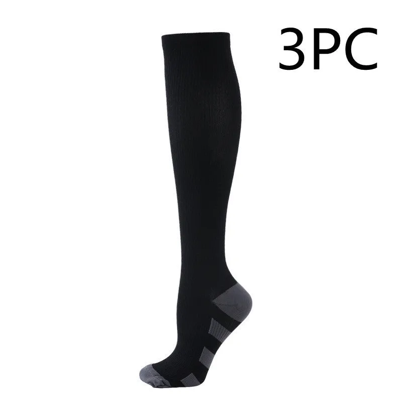 Athletic compression socks in black with three white bars, made from nylon silk with medium thickness for running