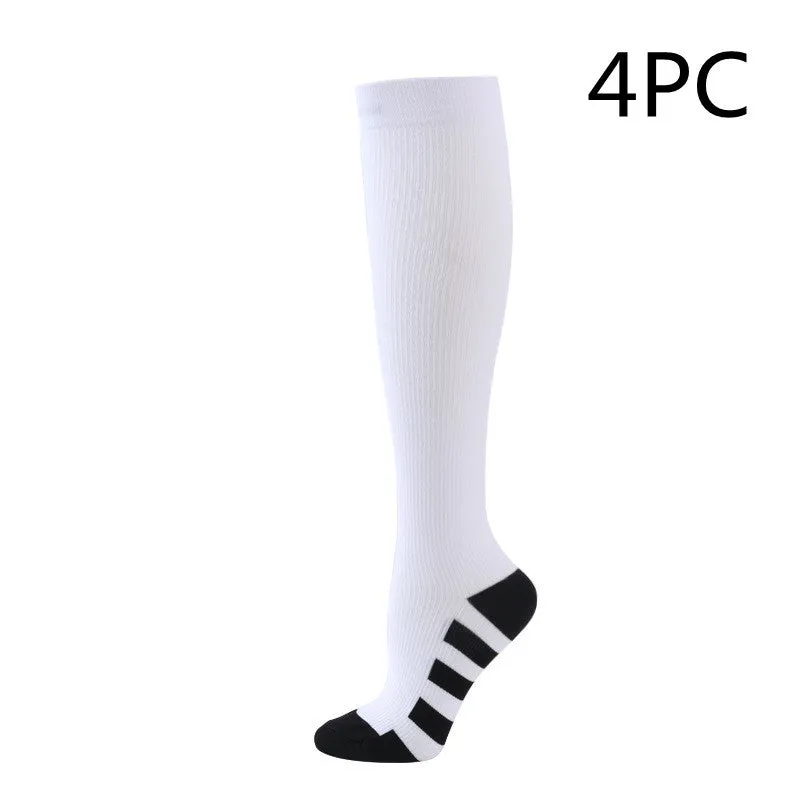 Athletic compression socks in black with three white bars, made from nylon silk with medium thickness for running