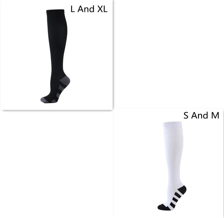 Athletic compression socks in black with three white bars, made from nylon silk with medium thickness for running