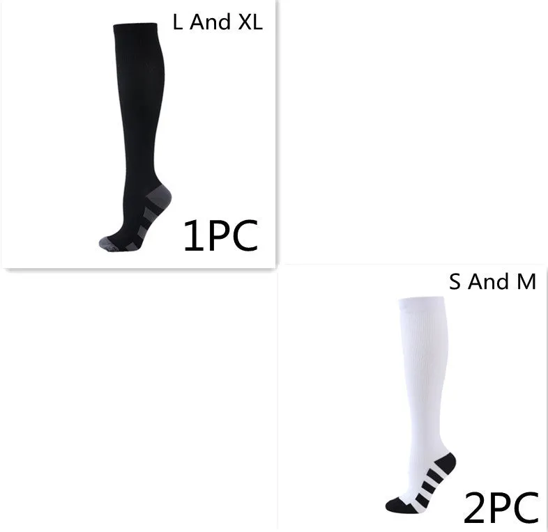 Athletic compression socks in black with three white bars, made from nylon silk with medium thickness for running