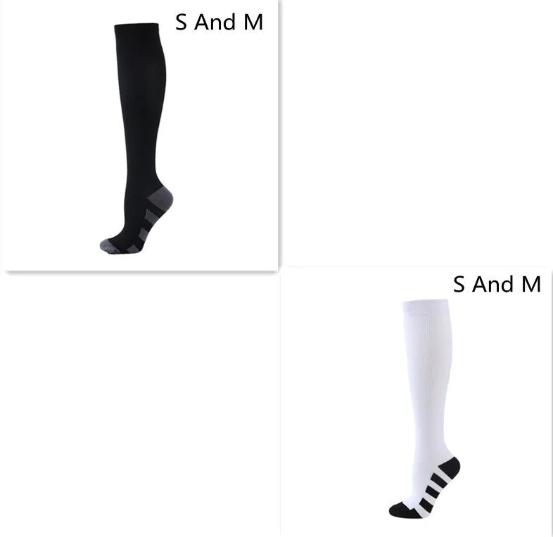 Athletic compression socks in black with three white bars, made from nylon silk with medium thickness for running