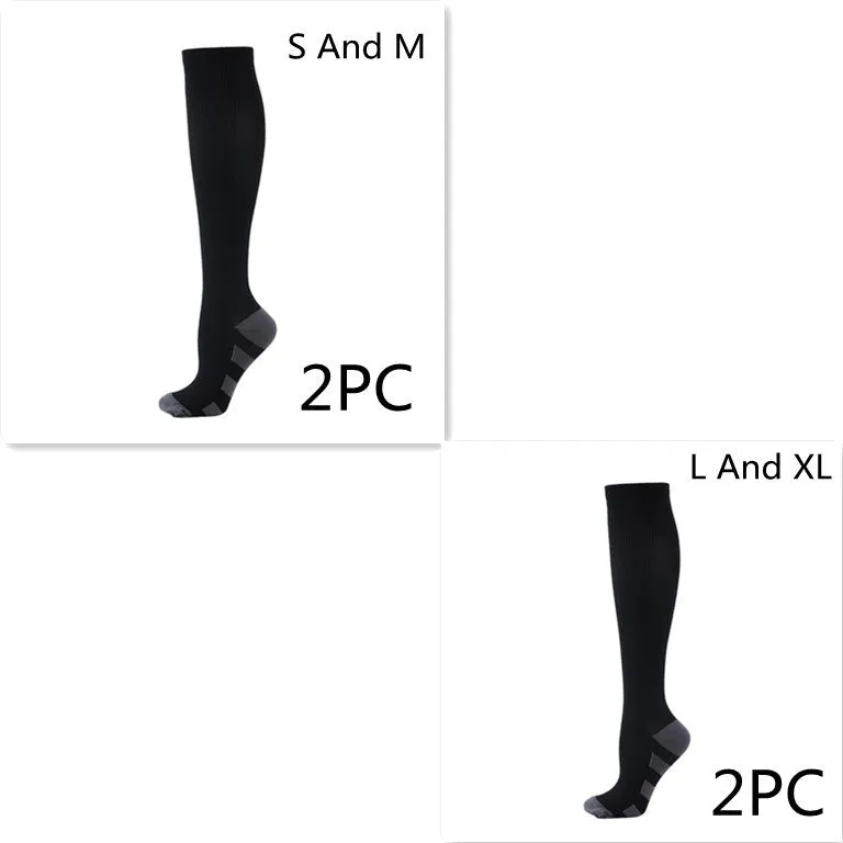 Athletic compression socks in black with three white bars, made from nylon silk with medium thickness for running