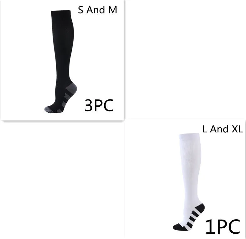 Athletic compression socks in black with three white bars, made from nylon silk with medium thickness for running