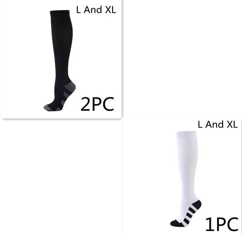 Athletic compression socks in black with three white bars, made from nylon silk with medium thickness for running