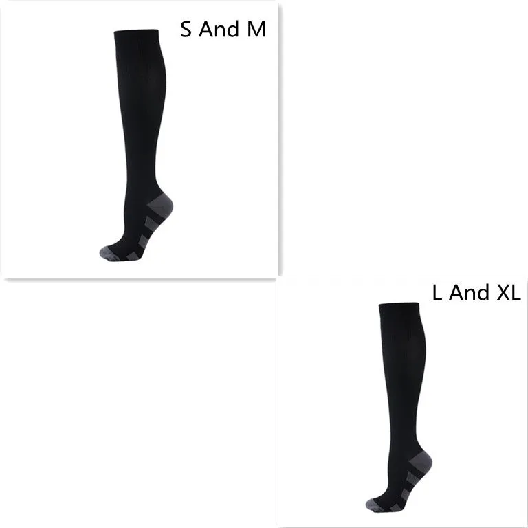 Athletic compression socks in black with three white bars, made from nylon silk with medium thickness for running