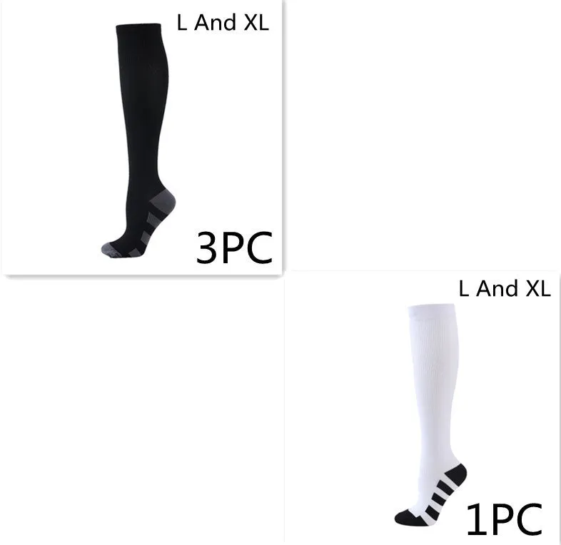 Athletic compression socks in black with three white bars, made from nylon silk with medium thickness for running