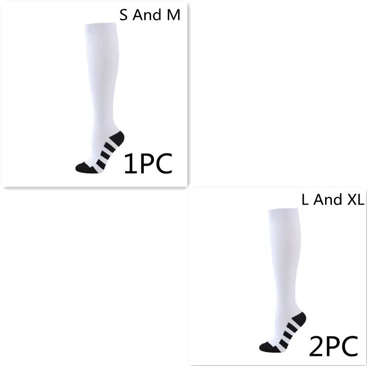 Athletic compression socks in black with three white bars, made from nylon silk with medium thickness for running