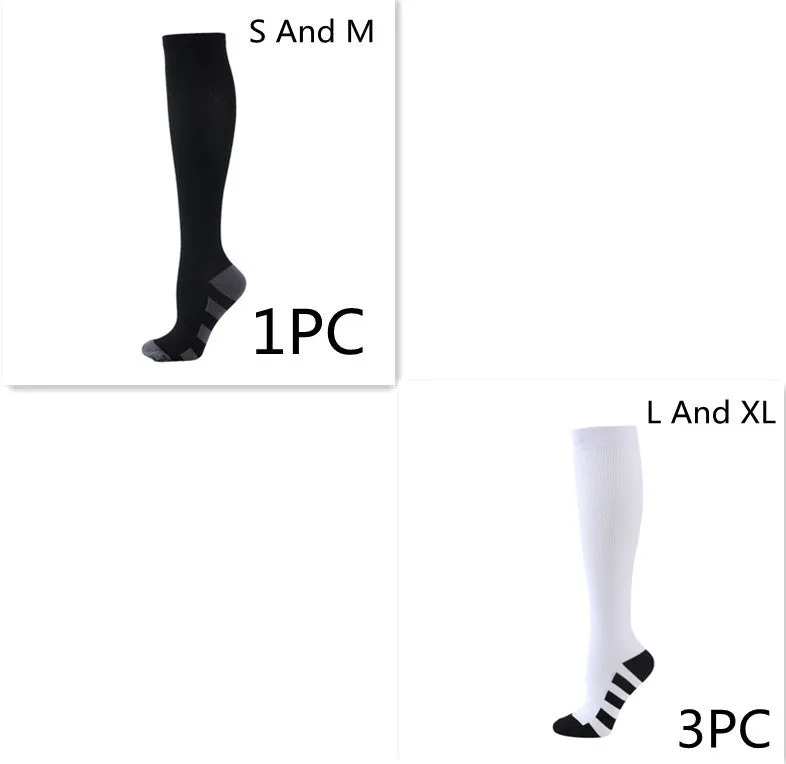 Athletic compression socks in black with three white bars, made from nylon silk with medium thickness for running