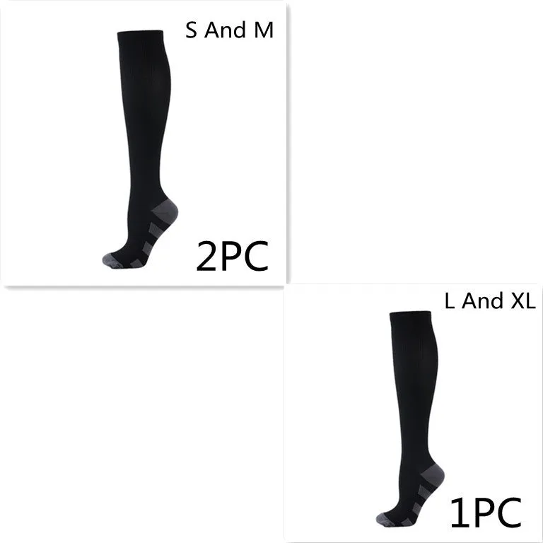 Athletic compression socks in black with three white bars, made from nylon silk with medium thickness for running