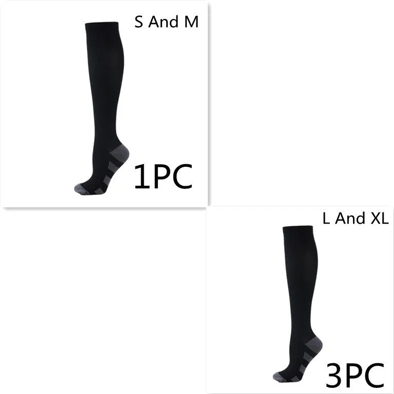 Athletic compression socks in black with three white bars, made from nylon silk with medium thickness for running