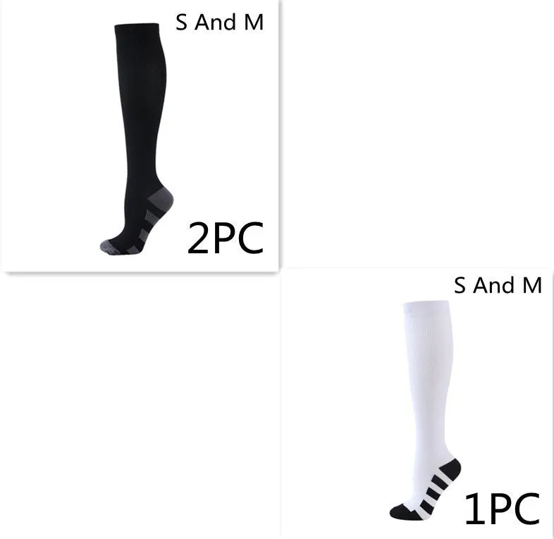 Athletic compression socks in black with three white bars, made from nylon silk with medium thickness for running