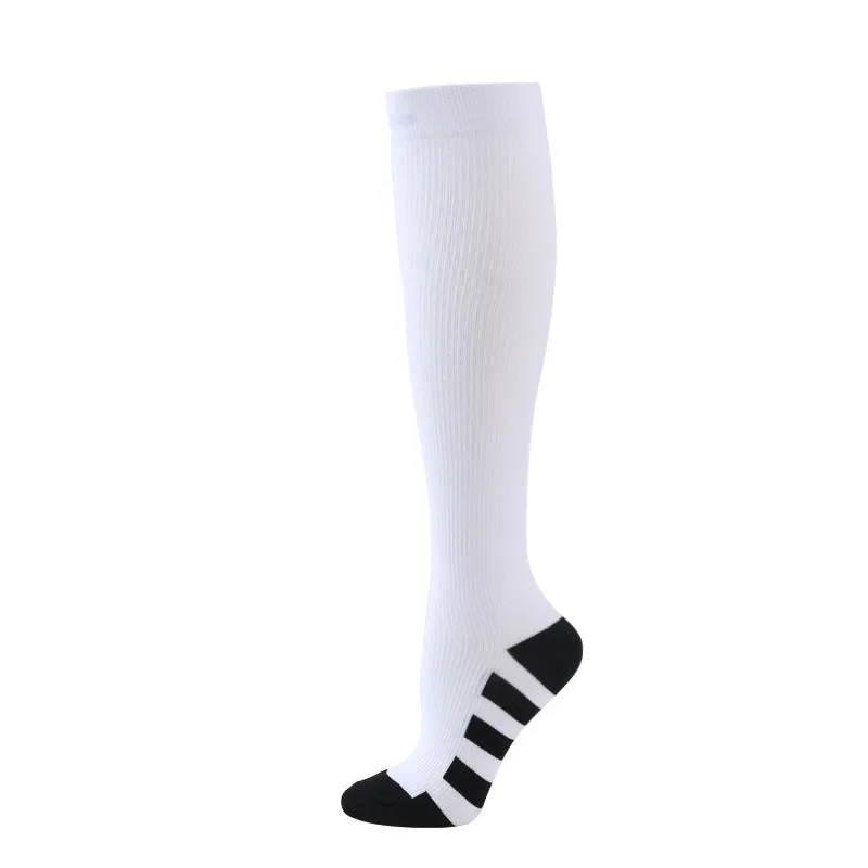 Athletic compression socks in black with three white bars, made from nylon silk with medium thickness for running