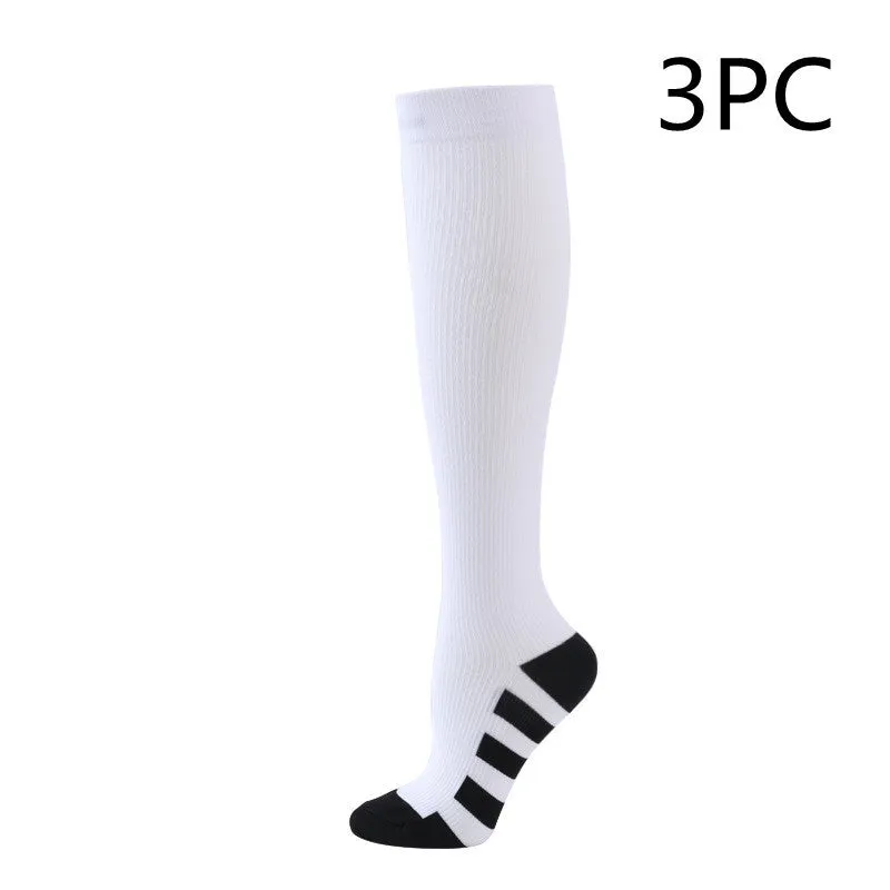 Athletic compression socks in black with three white bars, made from nylon silk with medium thickness for running
