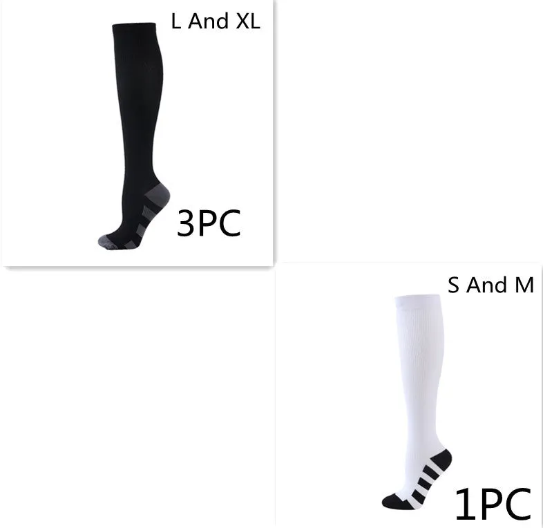 Athletic compression socks in black with three white bars, made from nylon silk with medium thickness for running