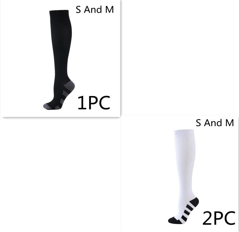 Athletic compression socks in black with three white bars, made from nylon silk with medium thickness for running