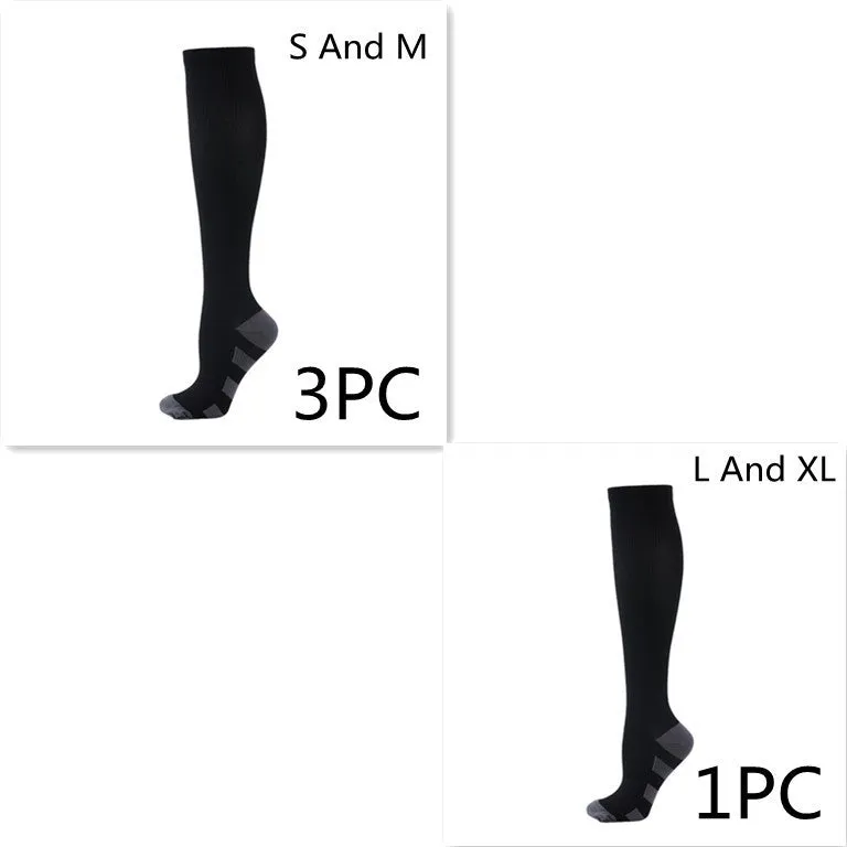 Athletic compression socks in black with three white bars, made from nylon silk with medium thickness for running