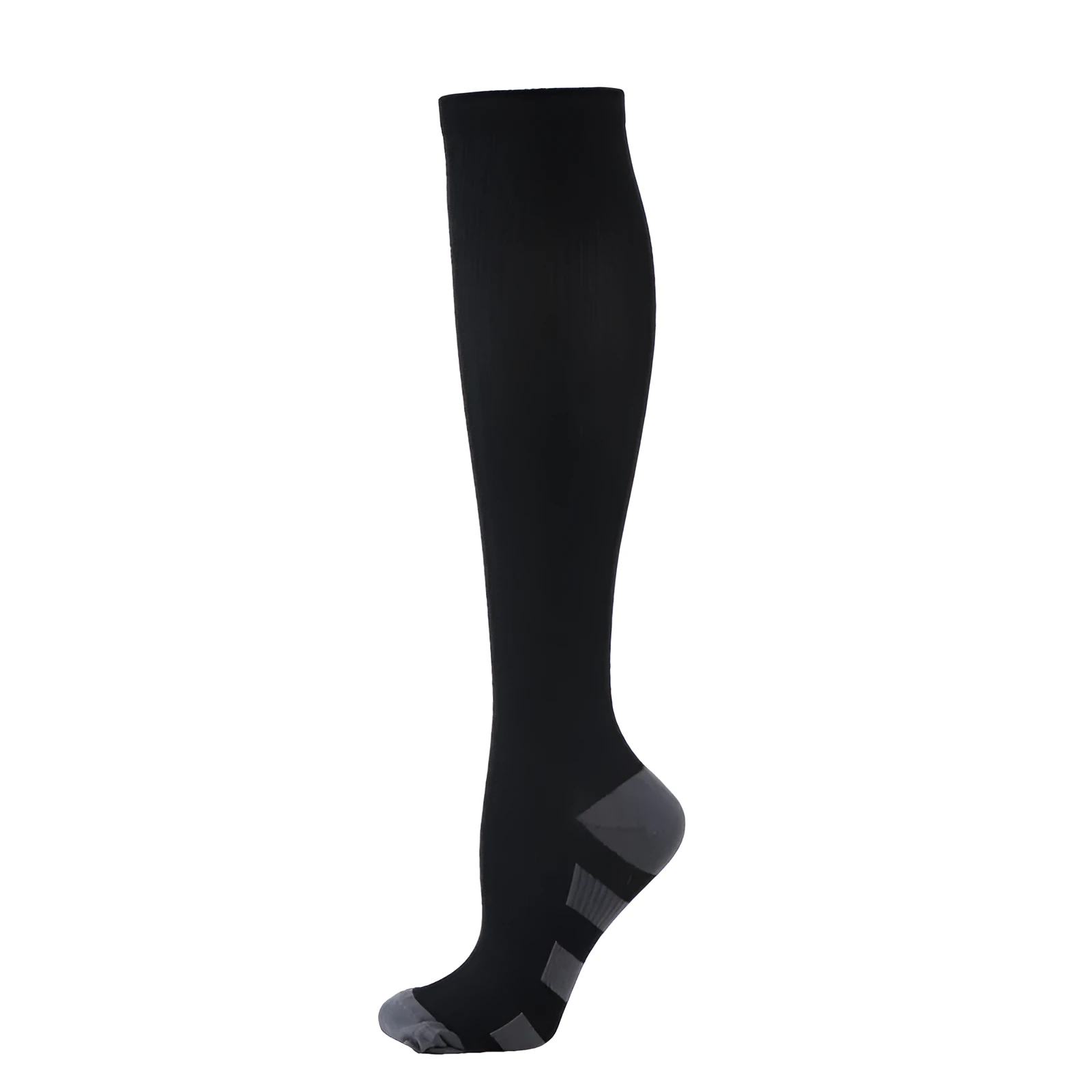 Athletic compression socks in black with three white bars, made from nylon silk with medium thickness for running