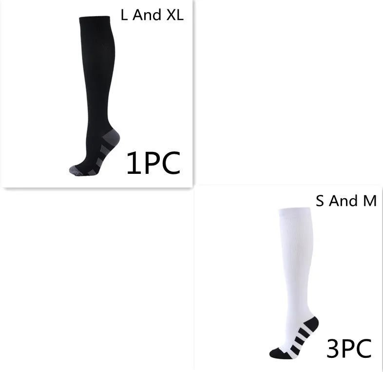Athletic compression socks in black with three white bars, made from nylon silk with medium thickness for running