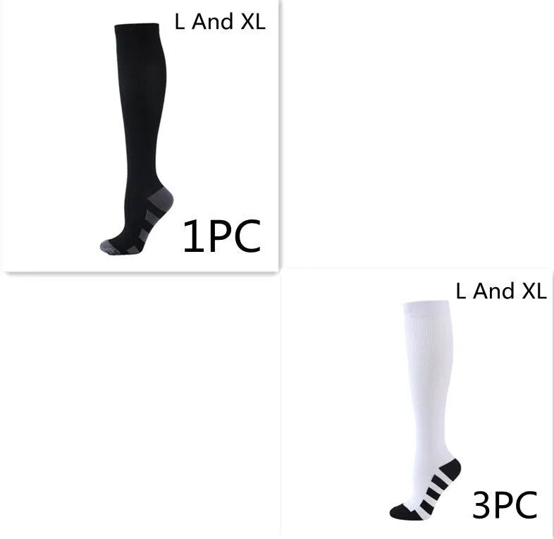 Athletic compression socks in black with three white bars, made from nylon silk with medium thickness for running