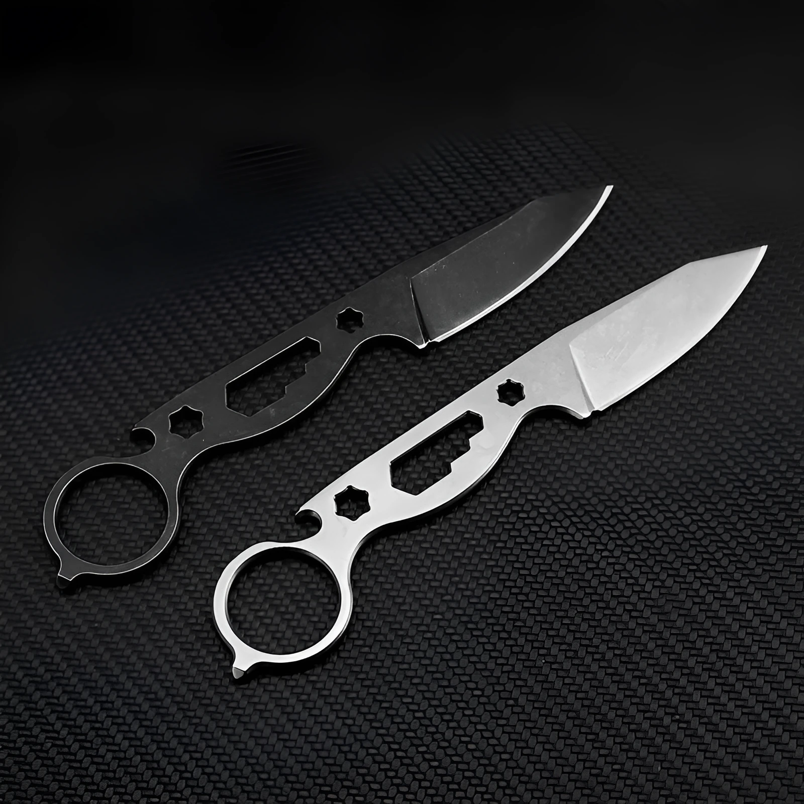 Wilderness Survival Small Straight Knife Hunting Knife Pocket Knife 440C Steel 177mm Total Length 65mm Blade 3.5mm Thick 57HRC Stone Wash Finish with K Sheath Bottle Opener Hex Wrench Broken Window Cone Black White