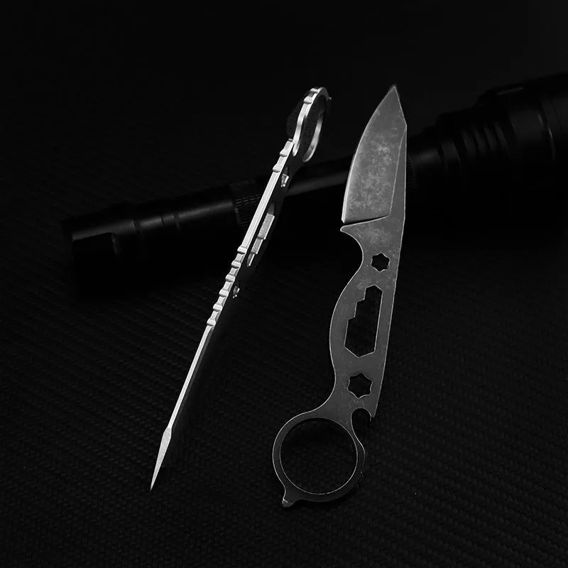 Wilderness Survival Small Straight Knife Hunting Knife Pocket Knife 440C Steel 177mm Total Length 65mm Blade 3.5mm Thick 57HRC Stone Wash Finish with K Sheath Bottle Opener Hex Wrench Broken Window Cone Black White