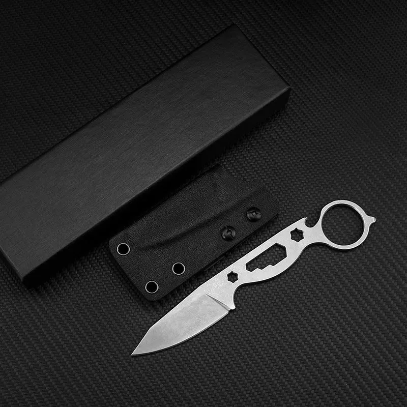 Wilderness Survival Small Straight Knife Hunting Knife Pocket Knife 440C Steel 177mm Total Length 65mm Blade 3.5mm Thick 57HRC Stone Wash Finish with K Sheath Bottle Opener Hex Wrench Broken Window Cone Black White