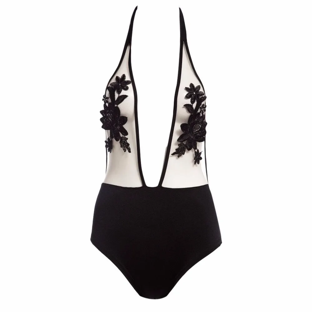 Embroidered halter siamese bikini set for women in black, white, and wine red with polyester fabric