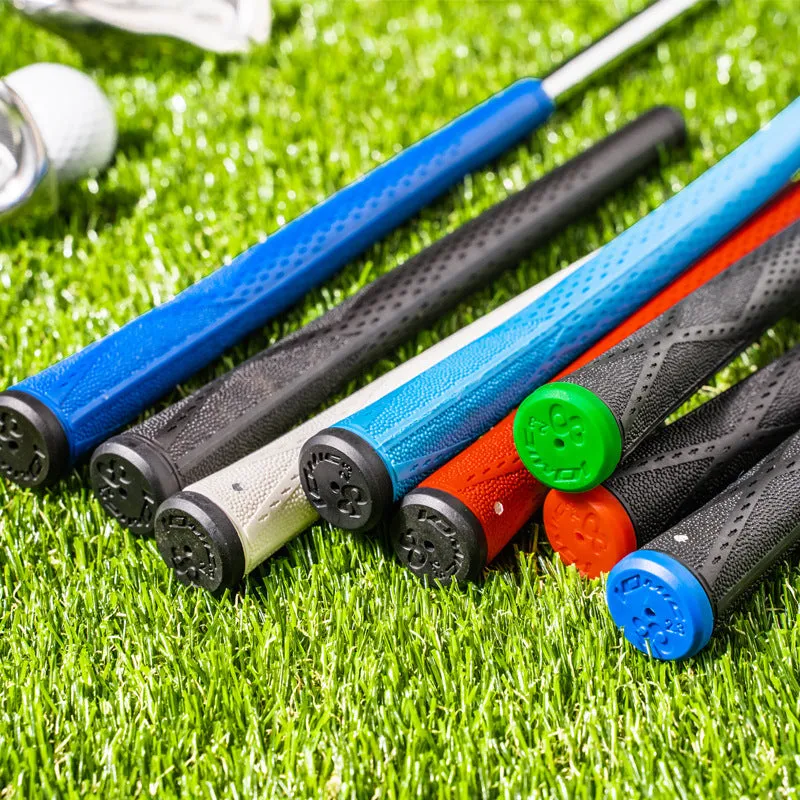 TPE material golf club grip shown in various colours including pink, red, and two-tone black with blue head.