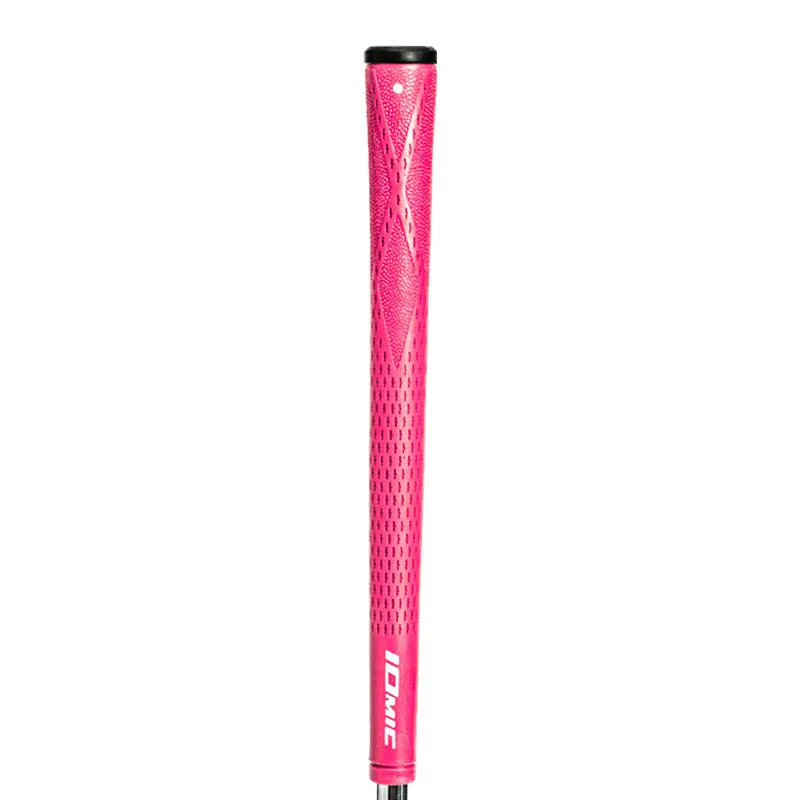 TPE material golf club grip shown in various colours including pink, red, and two-tone black with blue head.