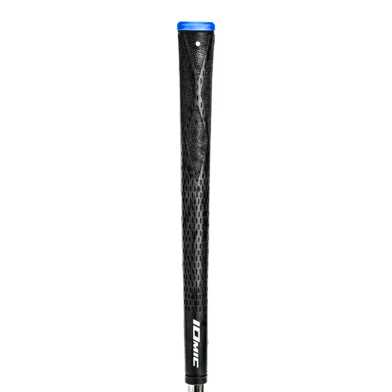 TPE material golf club grip shown in various colours including pink, red, and two-tone black with blue head.